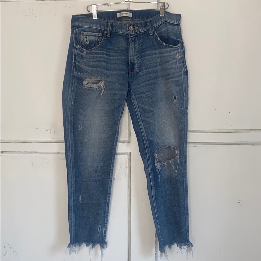 Moussy Distressed Straight Leg Jeans - Dark Blue